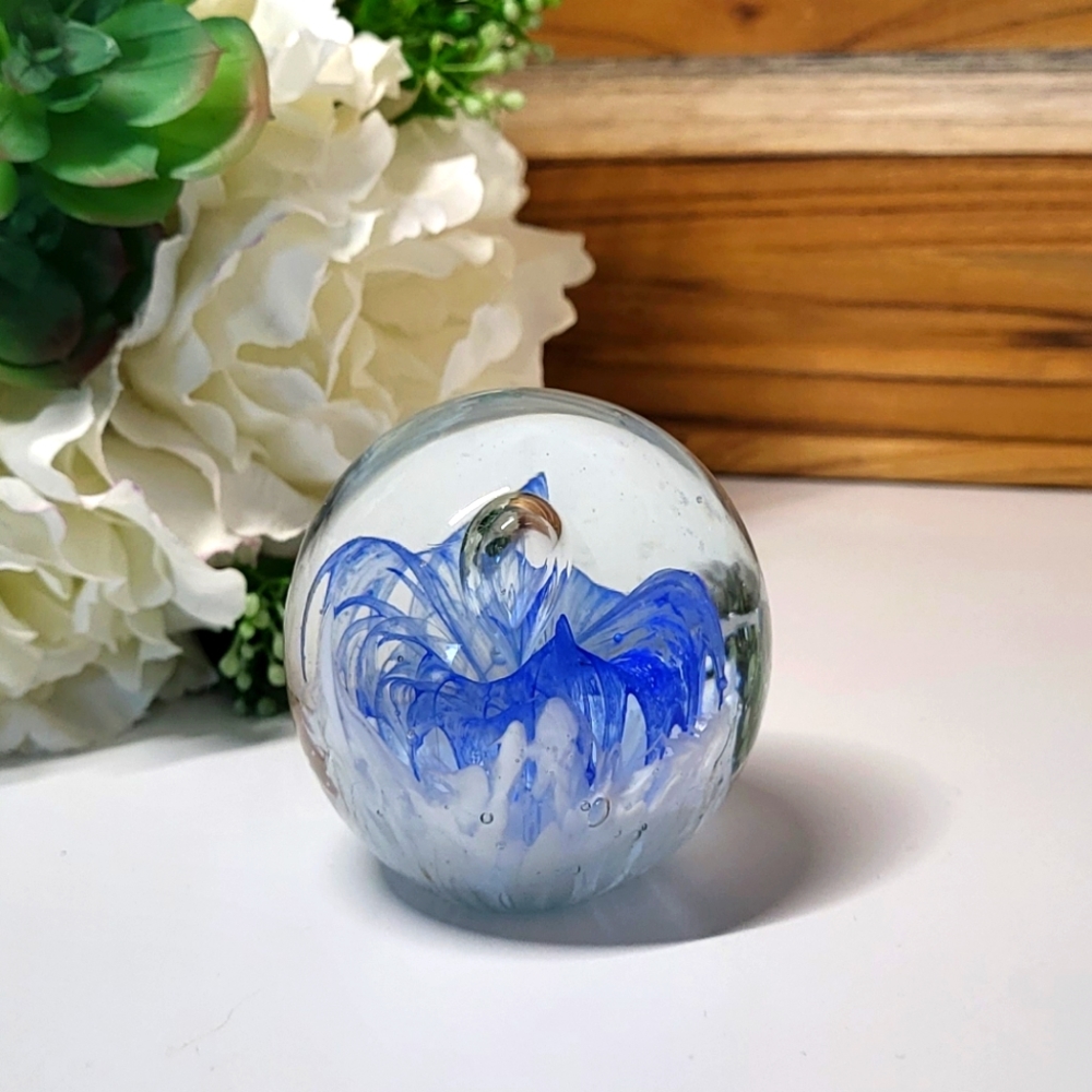 Blown Glass Paperweight - white, cobalt blue and clear glass, Bubble